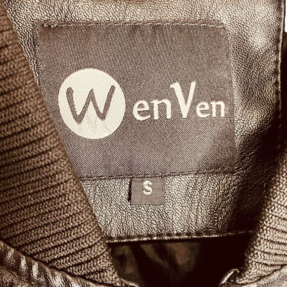 WenVen | Black Faux Leather Military Patch Bomber Jacket Size S | NWT - Picture 5 of 12